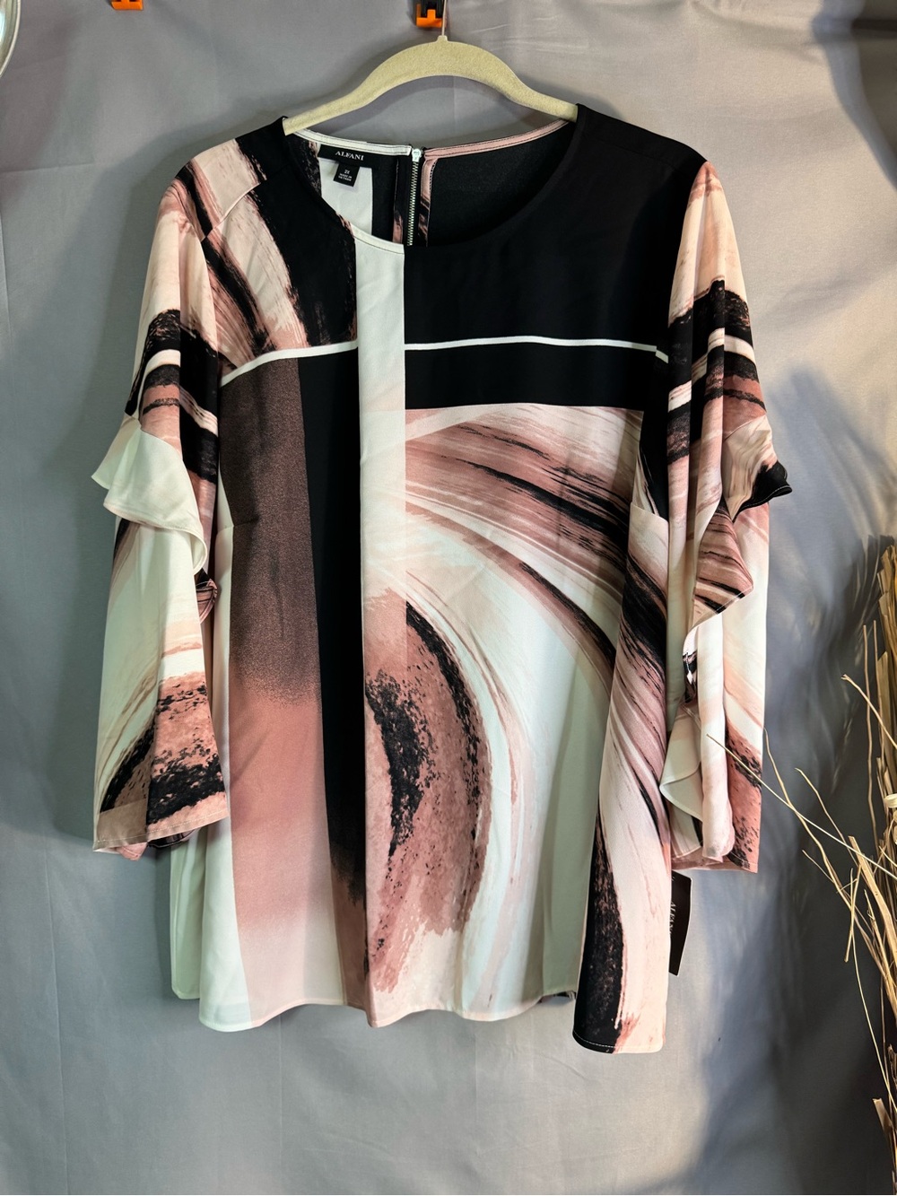 Alfani Pink, Black & White Abstract Ruffle Sleeve Blouse